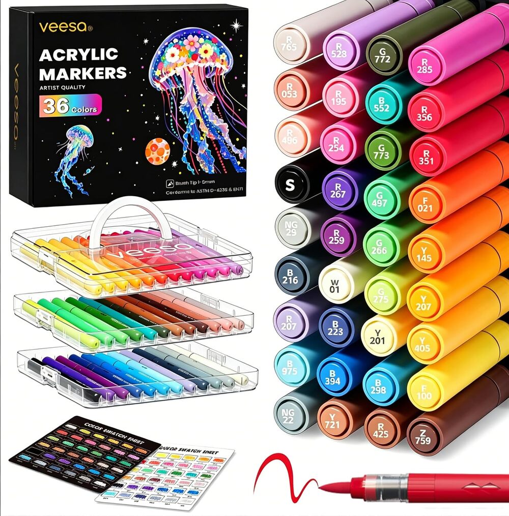 VEESA Acrylic Paint Markers 36 Colors Brush Tip Art Pens